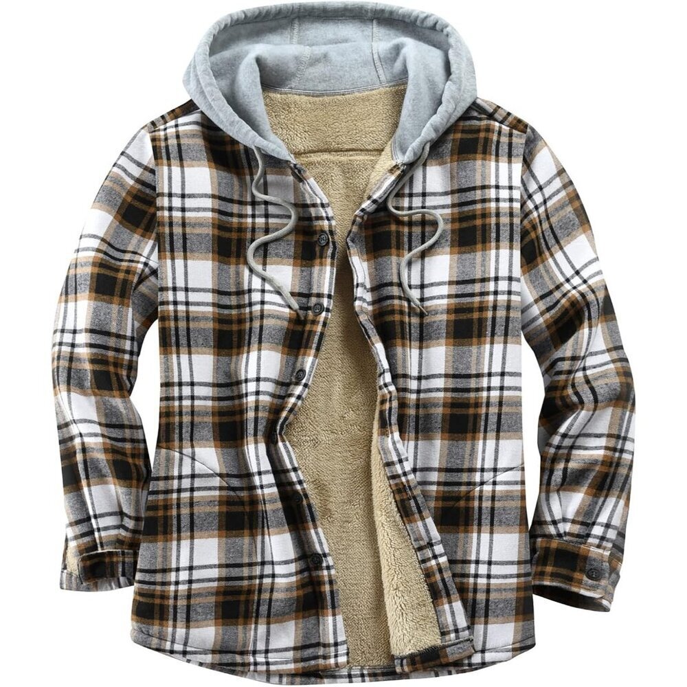 Men's White Khaki Cotton Plaid Fleece Lined Flannel Shirts Button Down Jackets